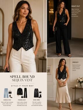 Vintage Spell Bound Black Sequence Beaded Vest Medium Art Deco Party Formal